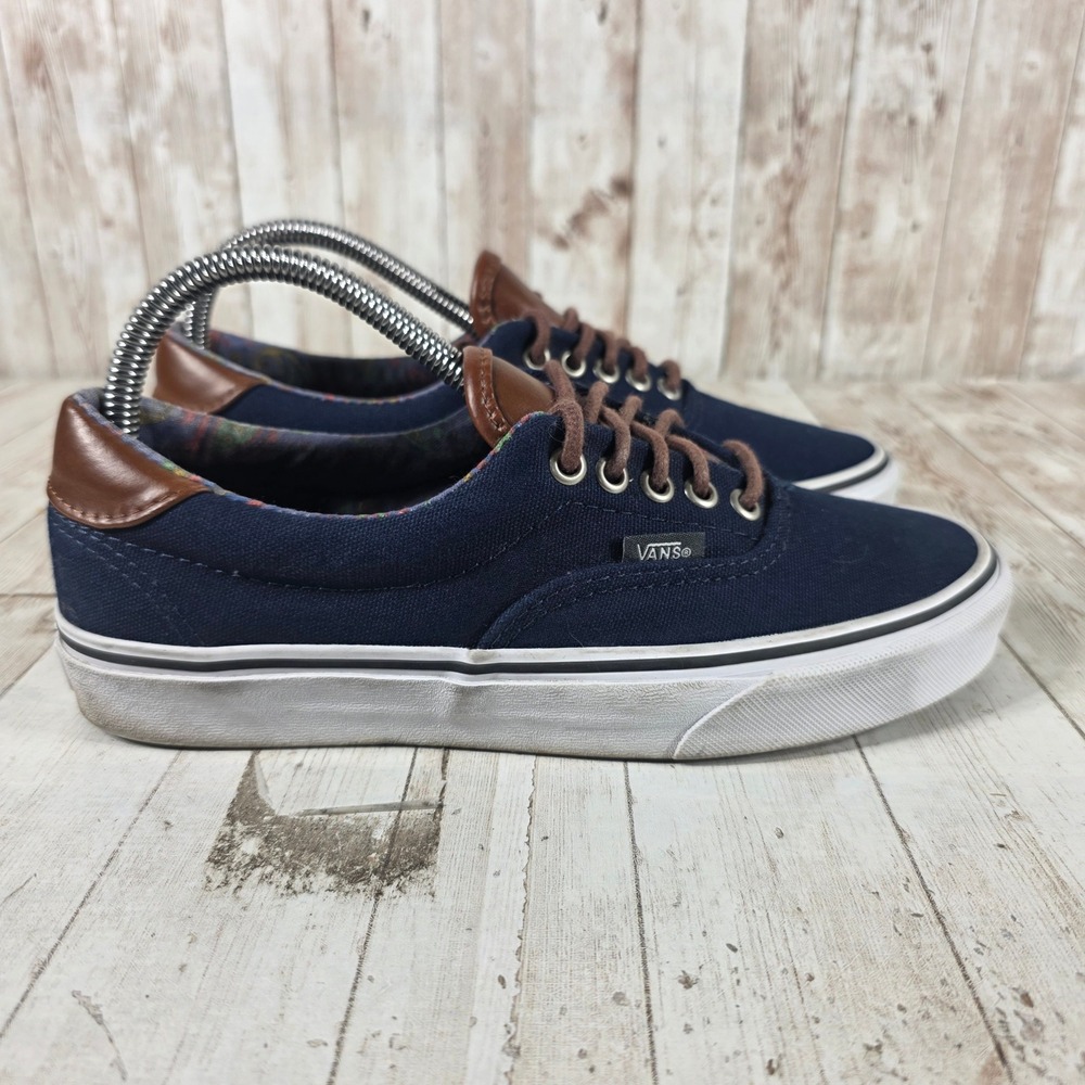 Vans Era 59 Navy Blue Brown Leather Paisley Skate Shoes Womens 8.5 Mens 7